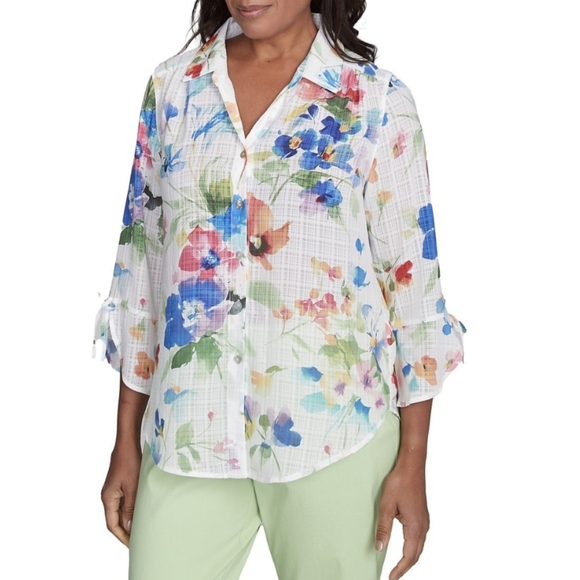 Alfred Dunner Tops - Alfred dunner floral eyelet cotton button down top sz 14
